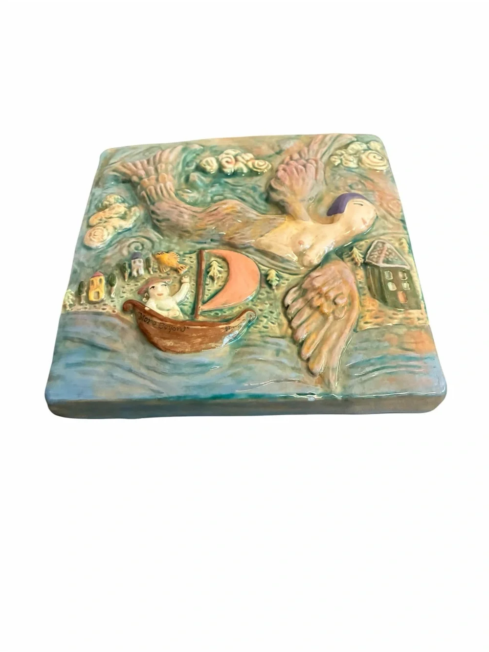 Eisenhardt Studio Pottery Winged Mermaid Relief Ceramic Wall Art Tile Signed